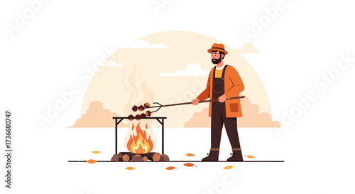 Illustration of a man roasting food over a campfire ready for a autumn season party