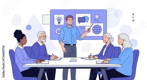 Illustration of a business meeting presenting ideas and strategies to a team or audience