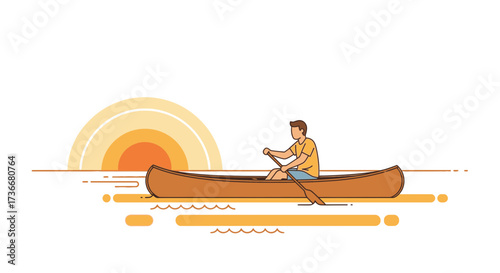 Illustration of a man rowing a canoe at sunset over a calm lake water vector graphic