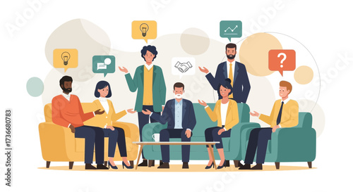 Illustration of a business team brainstorming and discussing new ideas during work