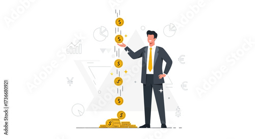 Illustration of a businessman collecting golden coins representing financial growth