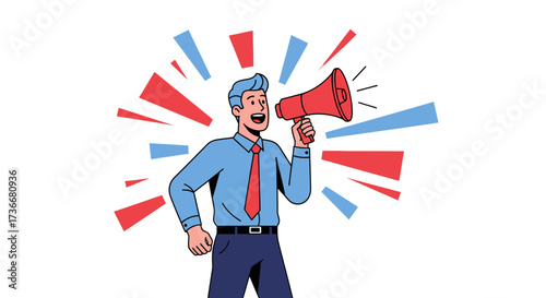 Illustration of a man speaking through a megaphone with a colorful background