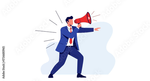 Illustration of a businessman holding a megaphone and pointing forward to announce a message to the audience