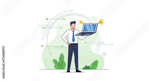 Illustration of a businessman holding a solar panel laptop, energy concept.