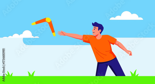 Illustration of a man throwing a boomerang in a beautiful sky and summer scene