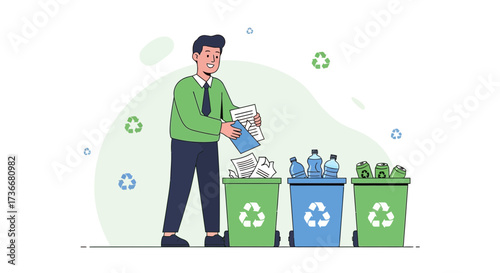 Illustration of a man throwing paper into a recycling bin with other bins around