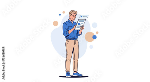 Illustration of a man using a digital tablet for data analysis and information access