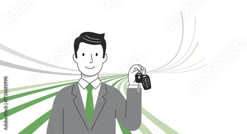 Illustration of a businessman in a suit holding keys symbolizin car access and ownership