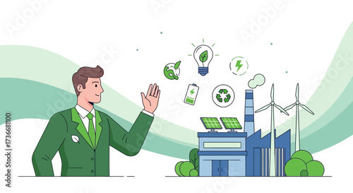 Illustration of a businessman promoting sustainable energy and environmental protection