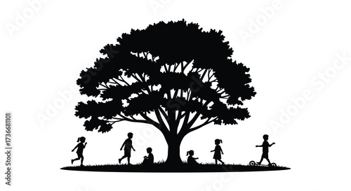 Joyful children play under a majestic tree silhouette symbolizing growth and childhood dreams