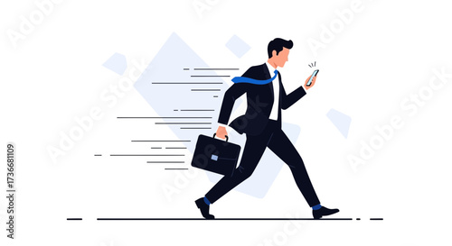 Illustration of a businessman walking fast looking at his phone with brief case, vector