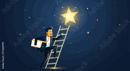 Illustration of a businessman reaching for a star to achieve his goals and success