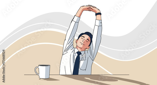 Illustration of a businessman stretching after a break at work with coffee