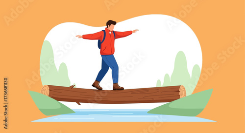 Illustration of a man walking on a log over water depicting a person overcoming obstacles