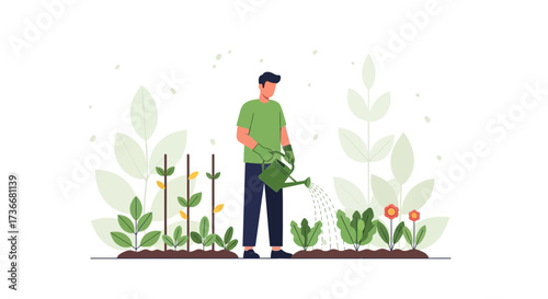 Illustration of a man watering plants in a garden, showcasing farming and gardening