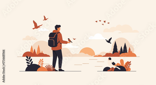 Illustration of a man with a backpack feeding birds at sunset in a nature artwork scene