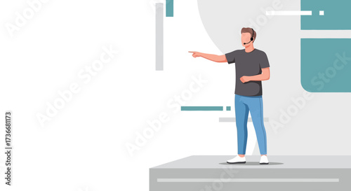 Illustration of a man with a headset pointing towards something in a presentation