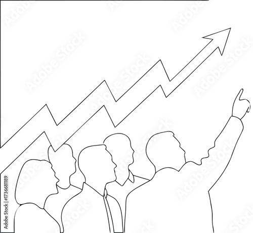 Business group pointing at upward trend chart one line art vector illustration transparent background.