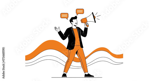Illustration Of A Man With A Megaphone Announcing And Sending Message Over The Air
