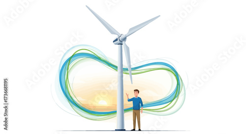 Illustration of a man with a wind turbine and abstract elements, renewable energy concept