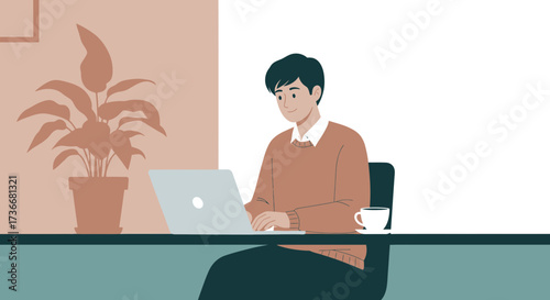 Illustration of a Man Working on Laptop at Desk, with Coffee and Plant nearby