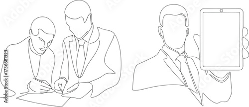 Business people giving presentation one line art vector illustration transparent background.