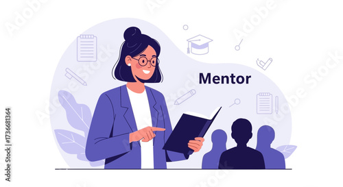 Illustration of a Mentor Guiding a Group of People with a Book and Advice