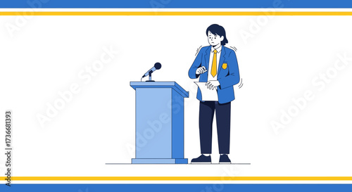 Illustration of a nervous person giving a speech at a podium with a microphone