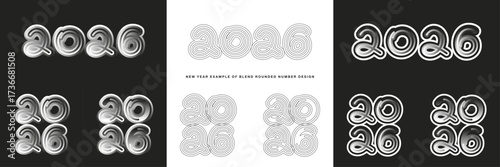 Set of 2026 Happy New Year example of multiply rounded text lettering design of the same modern trendy and unique style. Collection of black gray white vector illustration for 2026 Happy New Year