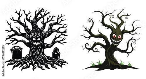 Scary Halloween Tree Clipart Set – Spooky Haunted Trees with Faces and Lanterns

