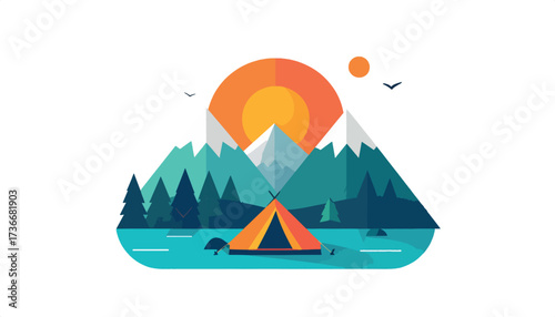 Serene Camping Scene A Mountain Escape Illustration with Tent, Trees, and Sunrise