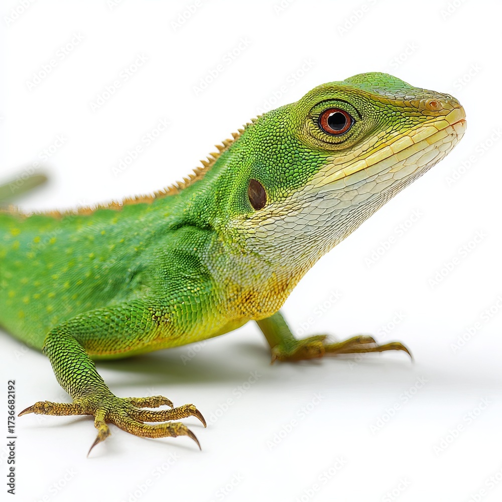 Fototapeta premium Vibrant Green Lizard: A close-up studio shot of a vibrant green lizard, showcasing its scales, eyes, and intricate features against a backdrop.