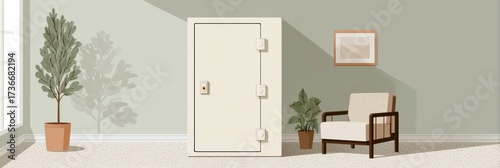 A secure safe stands prominently in a stylish room beside a comfortable armchair, with sunlight streaming through a window and a plant adding greenery.