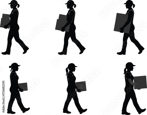 Walking silhouette, carrying box, industrial worker, motion study, ponytail figure, cap, ergonomic posture, black icon, vector illustration, biomechanics