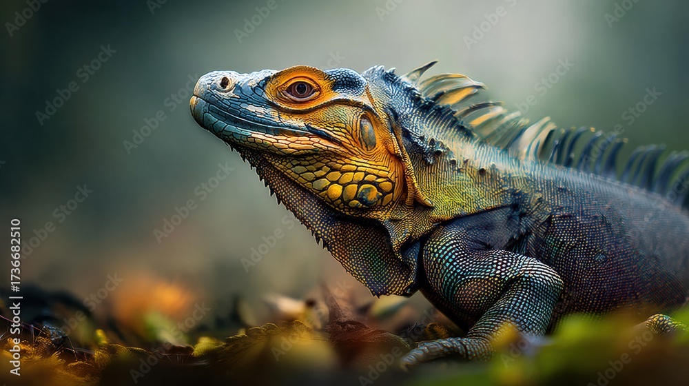 Fototapeta premium High-detail close-up of iguana on forest floor, moody natural lighting, focused eye, exotic wildlife