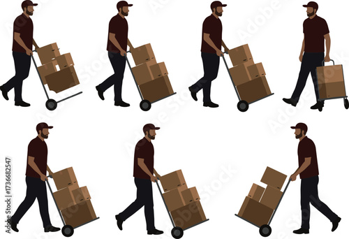 Delivery worker pushing hand truck, logistics man with boxes, courier walking, shipping service, parcel transport, warehouse job, cardboard packages