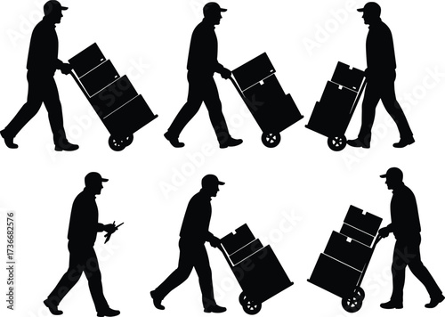 Walking silhouette, carrying boxes, posture variation, load comparison, manual handling, worker motion, cap figure, side profile, vector icon, ergonomic study