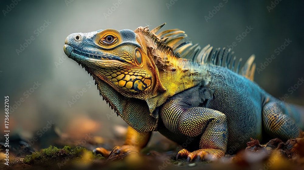 Obraz premium High-detail close-up of iguana on forest floor, moody natural lighting, focused eye, exotic wildlife