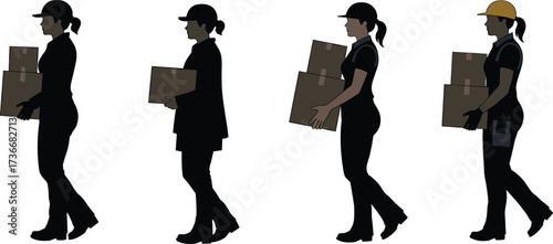 Worker silhouette, carrying boxes, labor progression, safety gear, hard hat, utility belt, posture study, industrial task, vector illustration, delivery concept
