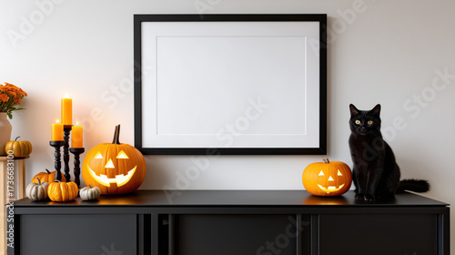 Blank horizontal frame surrounded by seasonal decor featuring pumpkins, candlelight, and a black cat on a sideboard