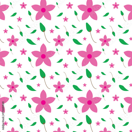 Seamless floral pattern with pink flowers and green leaves on a white background