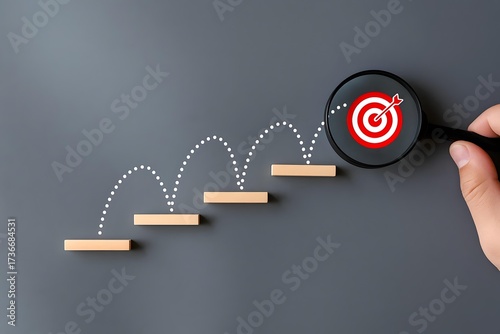 Reaching the bullseye: A visually striking image of a hand holding a magnifying glass over a bullseye target, above a staircase, representing the concept of strategic planning.