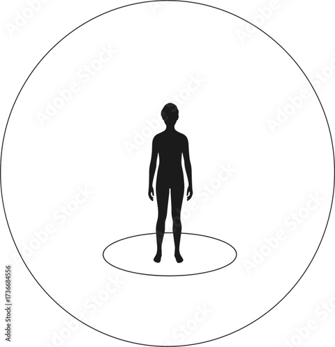 Silhouette of a person within a circular boundary illustration, Silhouette, person, circle, boundary, illustration, abstract, geometric, human, shape, shadow, dark, light, contrast, minimal, isolated,
