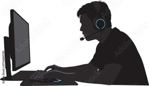 Silhouette Of Gamer Playing Computer With Headphones, silhouette, gamer, man, woman, playing, computer, desktop, monitor, keyboard, mouse, headphones, headset, microphone, gaming, esports, technology,