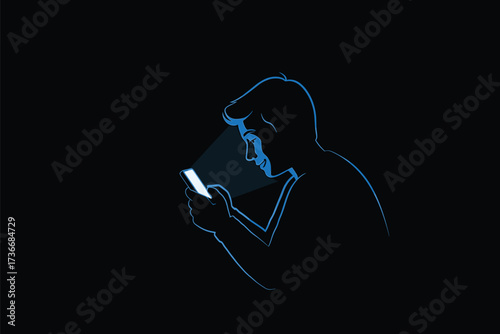 Silhouette of man illuminated by phone screen in darkness, silhouette, man, phone, smartphone, screen, light, dark, black, blue, glow, illuminated, face, profile, hands, holding, technology, digital, 