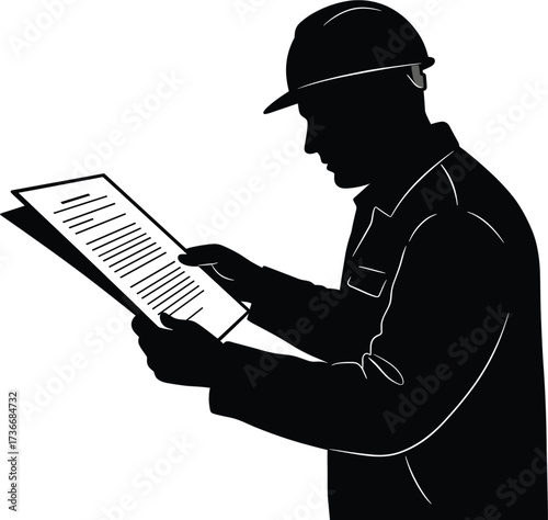 Silhouette of construction worker reading document, silhouette, construction worker, hard hat, reading, document, paper, blueprint, plan, safety, industrial, worker, man, person, professional, job, oc