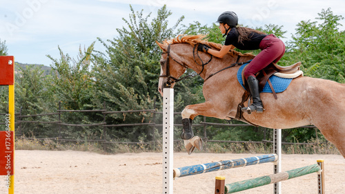 Equestrian jumping over hurdle in outdoor arena