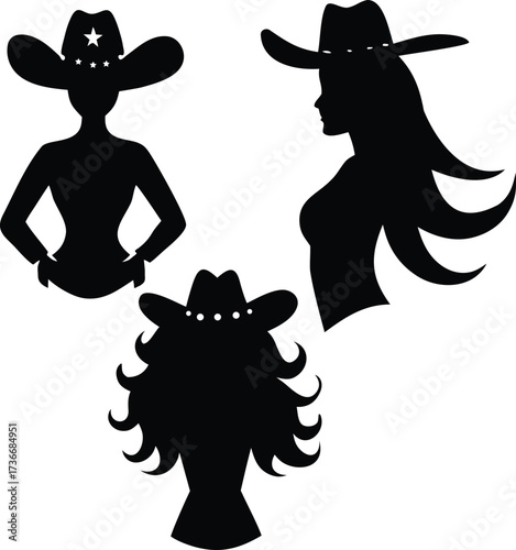 Three silhouette cowboy women wearing hats iconic western style poses