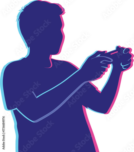 Silhouette of person playing mobile game with glitch effect, silhouette, person, mobile game, smartphone, gaming, playing, hands, holding, device, technology, digital, entertainment, fun, leisure, hob