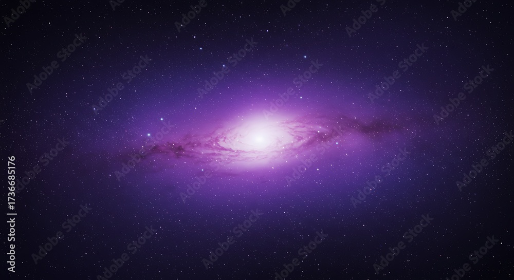 Naklejka premium Stunning Spiral Galaxy Glowing with Vibrant Purple and Pink Light in the Vast Cosmic Expanse, Adorned by Countless Distant Stars
